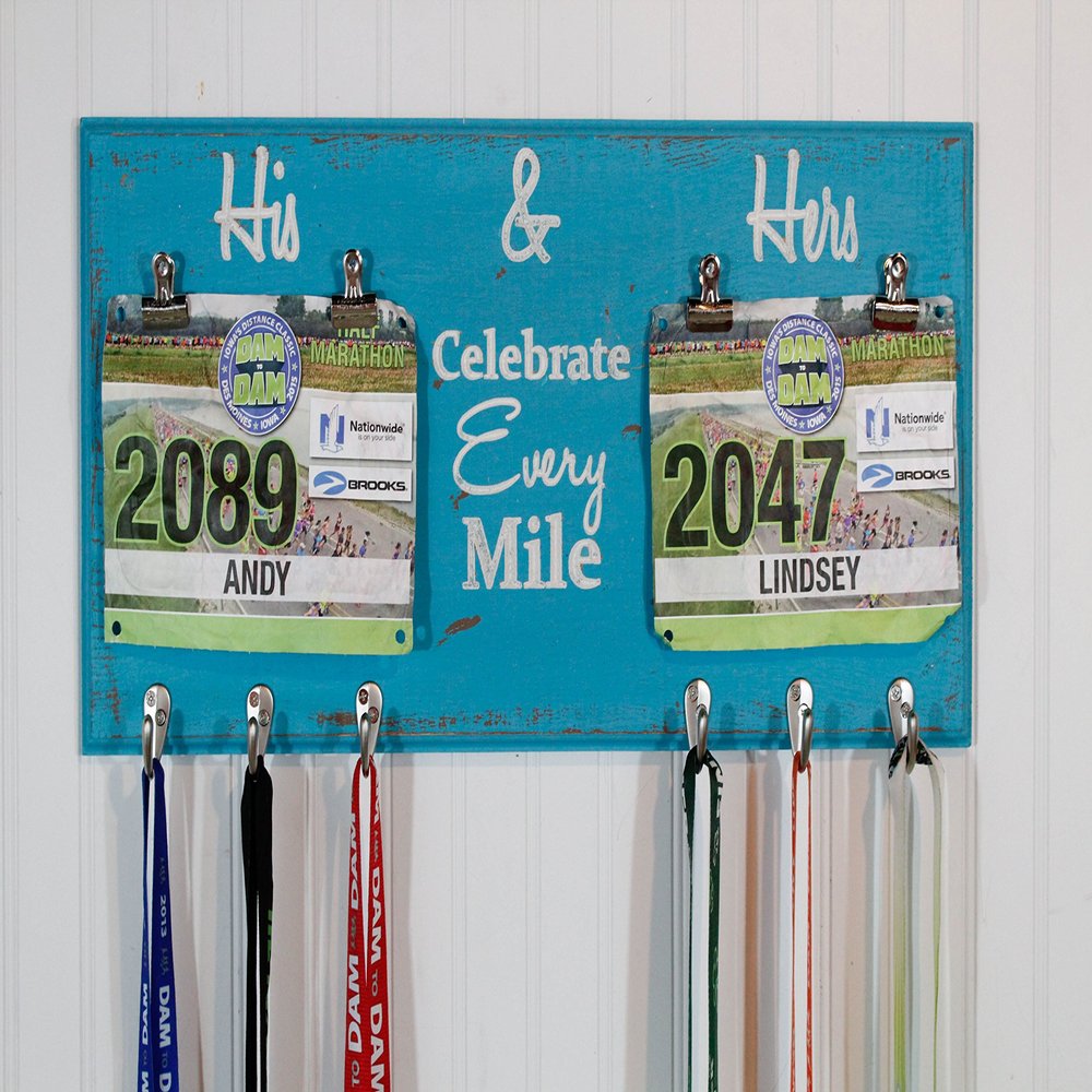 His and Hers Race Medal Holder With Celebrate Every Mile - Carved Sign - Running Medal Holder- Bib Holder
