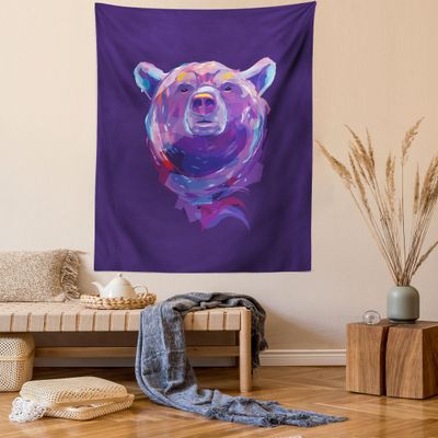 Ambesonne Bear Tapestry, Abstract Portrait with Digital Brushstrokes Wildlife Mascot Display, Wall Hanging for Bedroom Living Room Dorm Decor, 60" X 80", Purple Pink Sky Blue