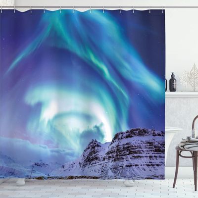 Ambesonne Winter Shower Curtain, Aurora Borealis Kirkjufell Iceland Natural Phenomenon Northen Environment, Cloth Fabric Bathroom Decor Set with Hooks, 69" W x 75" L, Blue Sea Green Lilac