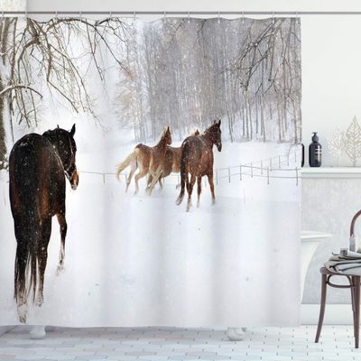 Ambesonne Winter Shower Curtain, Horses in The Snow Playing Having Fun in The Forest Seasonal Animal Photography, Cloth Fabric Bathroom Decor Set with Hooks, 69" W x 70" L, Brown White