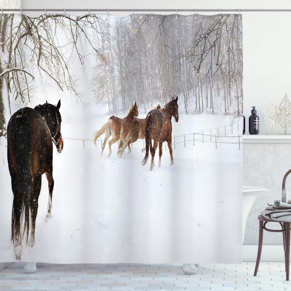 Ambesonne Winter Shower Curtain, Horses in The Snow Playing Having Fun in The Forest Seasonal Animal Photography, Cloth Fabric Bathroom Decor Set with Hooks, 69" W x 70" L, Brown White
