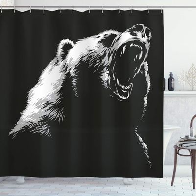 Ambesonne Bear Shower Curtain, Sketch Line Style Roaring Carnivore Fur and Fangs Aggressive Predator Fauna, Cloth Fabric Bathroom Decor Set with Hooks, 69" W x 75" L, Charcoal Grey White