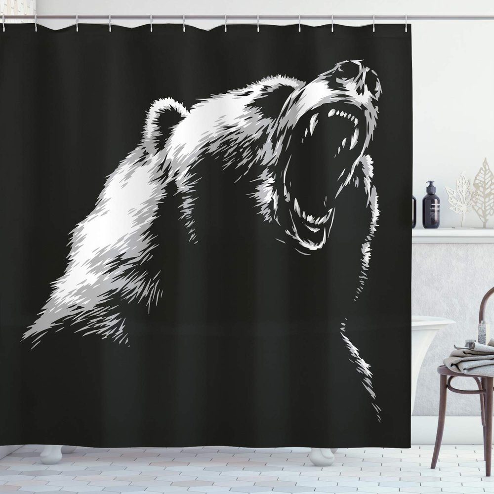 Ambesonne Bear Shower Curtain, Sketch Line Style Roaring Carnivore Fur and Fangs Aggressive Predator Fauna, Cloth Fabric Bathroom Decor Set with Hooks, 69" W x 75" L, Charcoal Grey White