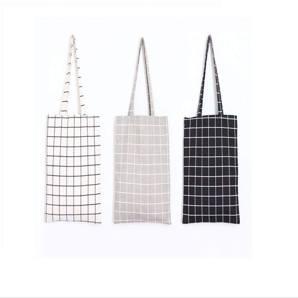 Chezi Plaid Cotton Canvas Tote Shopping Bag (white/zip)