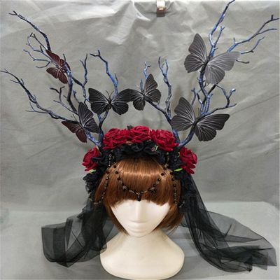 Christmas Fairy & Witch Tree Branches Rose Antlers Crystal Veil Headband Cosplay Party Butterfly Flower Headpiece Decoration Vintage (Black)