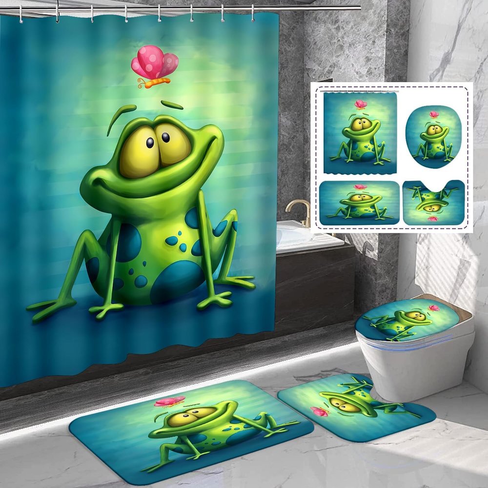 Amagical 4 Pieces Cute Frog and Lotus Flower Shower Curtain Set Bathroom Mats Set, Non-Slip Rug Carpet Toilet Cover Shower Curtain