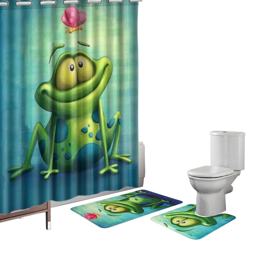 Amagical 15 Pieces Shower Curtain Set Bathroom Mats Set Non-Slip Rug Carpet Shower Curtain Cute Frog and Lotus Flower