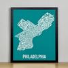 Framed Philadelphia Neighborhoods Map Art Screen Print, Teal & White, 11" x 14" in Black Frame view 1