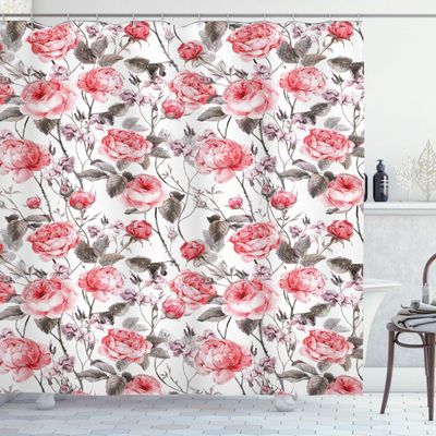 Ambesonne Rose Shower Curtain, Classic Vintage Floral Pattern Watercolor Style Bouquet of English Roses Wildflowers, Cloth Fabric Bathroom Decor Set with Hooks, 69" W x 75" L, Coral Taupe