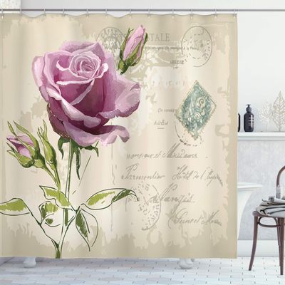 Ambesonne Rose Shower Curtain, Vintage Postcard Design Delicate Flower Blossom Hand Drawing Print, Cloth Fabric Bathroom Decor Set with Hooks, 69" W x 75" L, Tan Pale Pink Green