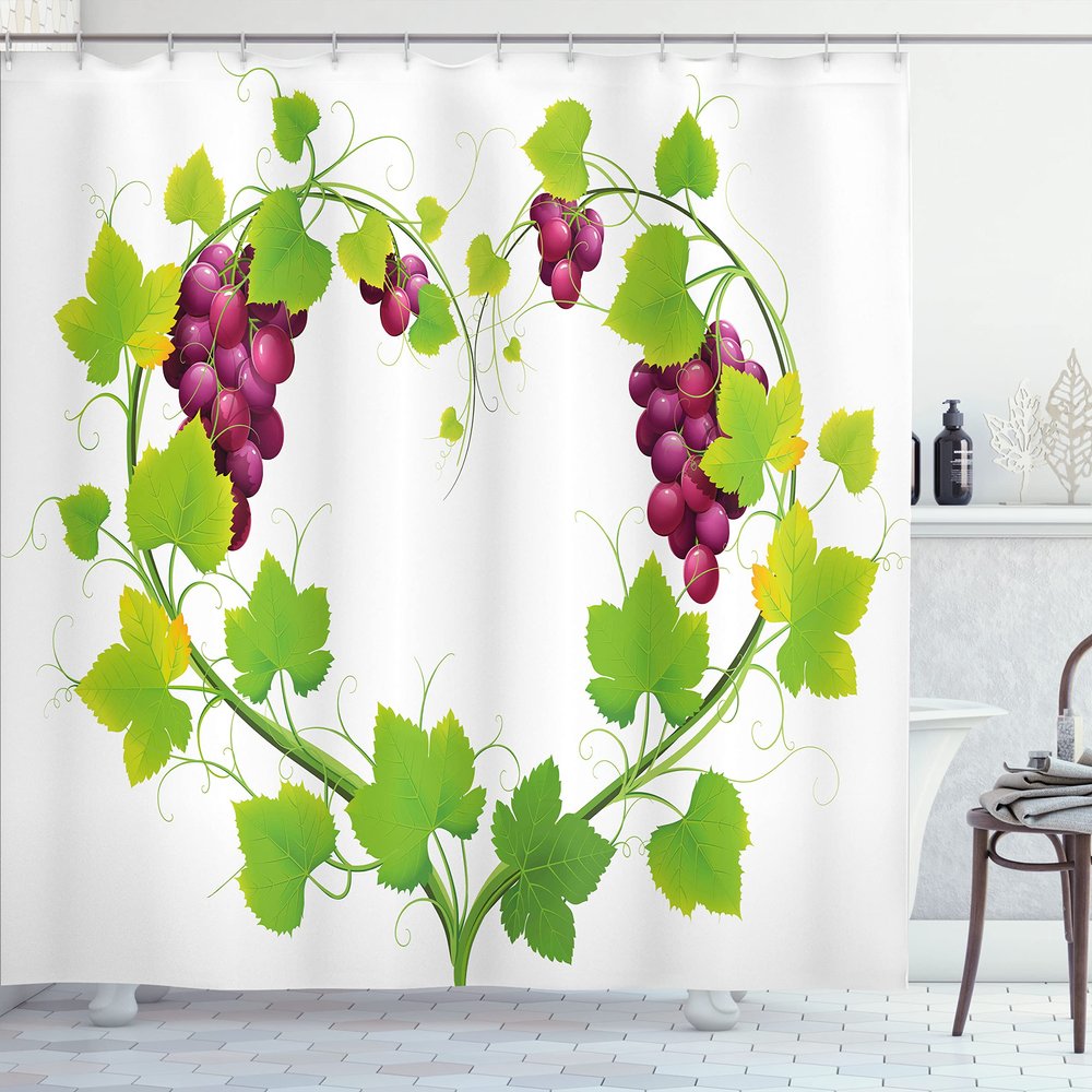 Lunarable Vine Shower Curtain, Heart Shaped Out of Grapevine Love Nature Themed Digital Art Botany Elements Print, Cloth Fabric Bathroom Decor Set with Hooks, 69" W x 70" L, Fuchsia Green