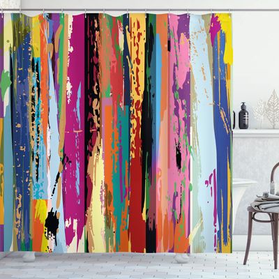 Ambesonne Abstract Shower Curtain, Multicolored Expressionist Work of Art Vibrant Rainbow Design Tainted Pattern, Cloth Fabric Bathroom Decor Set with Hooks, 69" W x 75" L, Pink Multicolor