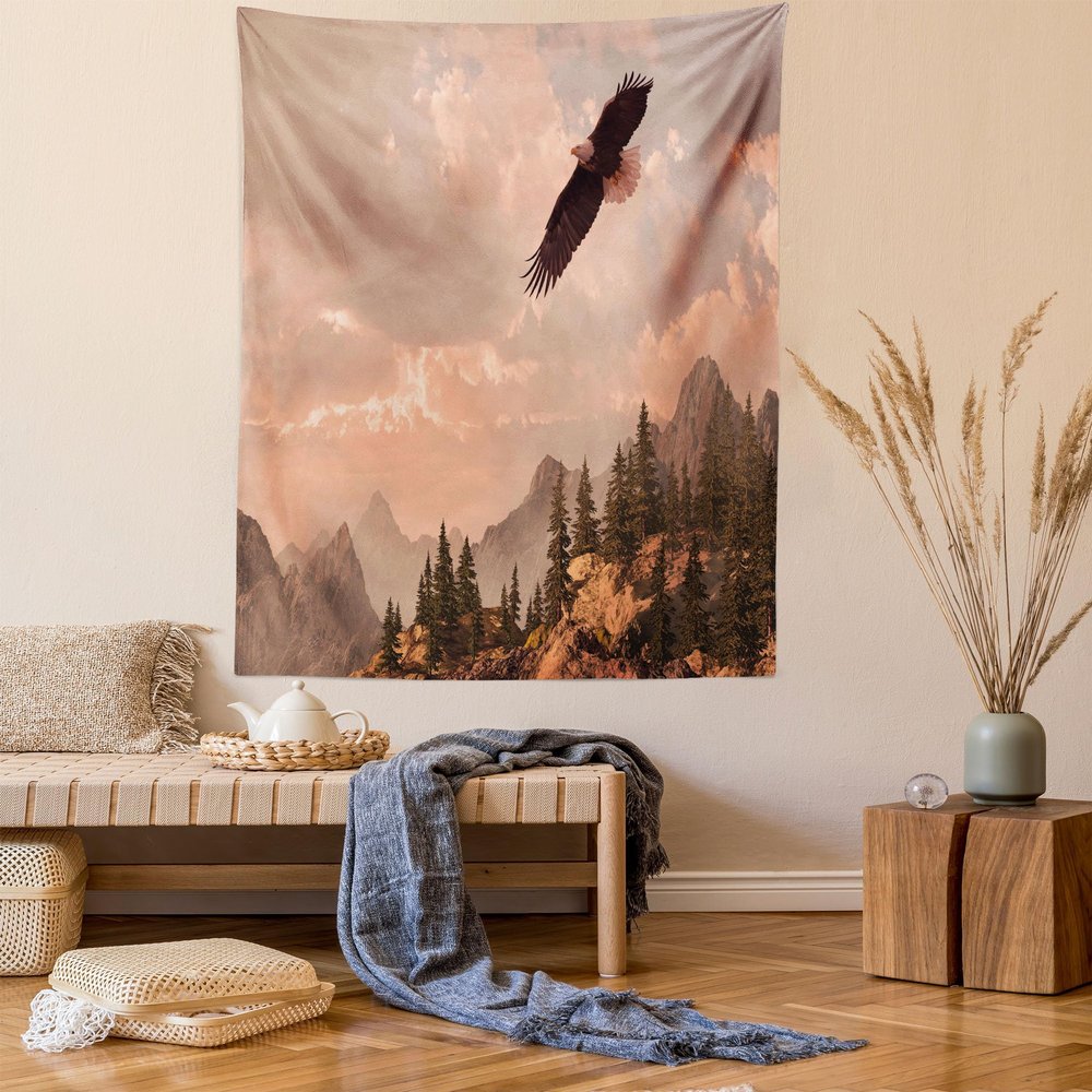 Ambesonne Eagle Tapestry, Nature Photography of Rocky Mountains and Forest a Bird Flying over It, Wall Hanging for Bedroom Living Room Dorm Decor, 60" X 80", Rose Green