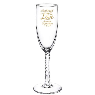 Personalized Color Printed Twisted Stem Champagne Flute - Anchored In Love - Gold - 144 pack