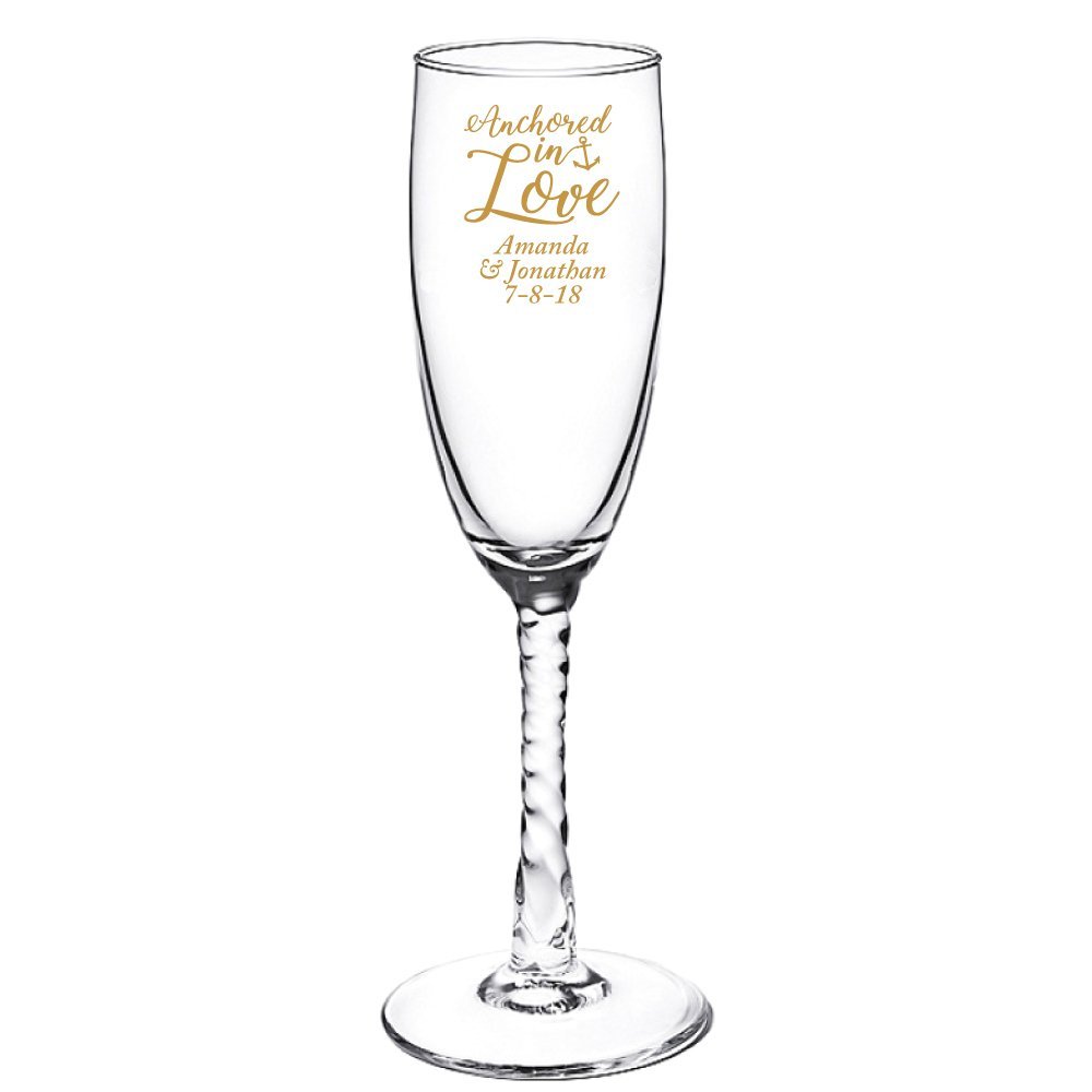 Personalized Color Printed Twisted Stem Champagne Flute - Anchored In Love - Gold - 144 pack