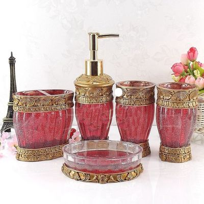 AMSS 5 Piece Stunning Bathroom Accessories Set in Crystal Like Resin Tumbler Dispenser Soap Dish Cups (Red B)