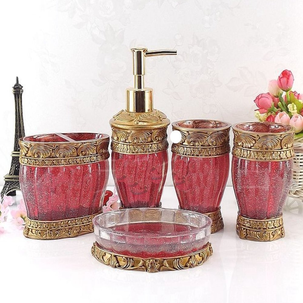 AMSS 5 Piece Stunning Bathroom Accessories Set in Crystal Like Resin Tumbler Dispenser Soap Dish Cups (Red B)