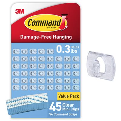 Command Indoor Mini Light Clips, 45 Clear Clips and 54 Command Strips, Damage Free Hanging Christmas Decorations, Wall Clips for Hanging Lights and Cable Management, Holds up to 0.3 lb