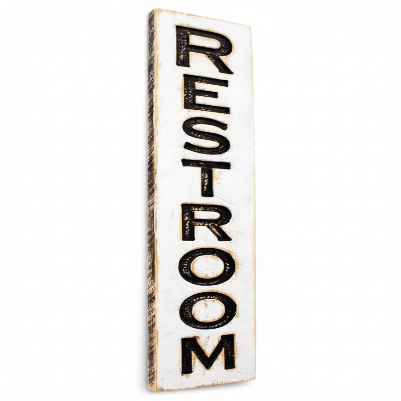 Vertical RESTROOM Sign | 40" tall x 8" wide | Carved in Solid Wood | Rustic Distressed | Farmhouse Style | Business Signage | Handmade in NC