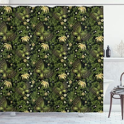 Ambesonne Sage Shower Curtain, Spring Inspired Ornaments Butterflies Little Blossoms Swirled Leaves Vintage, Cloth Fabric Bathroom Decor Set with Hooks, 69" W x 75" L, Yellow Black Green
