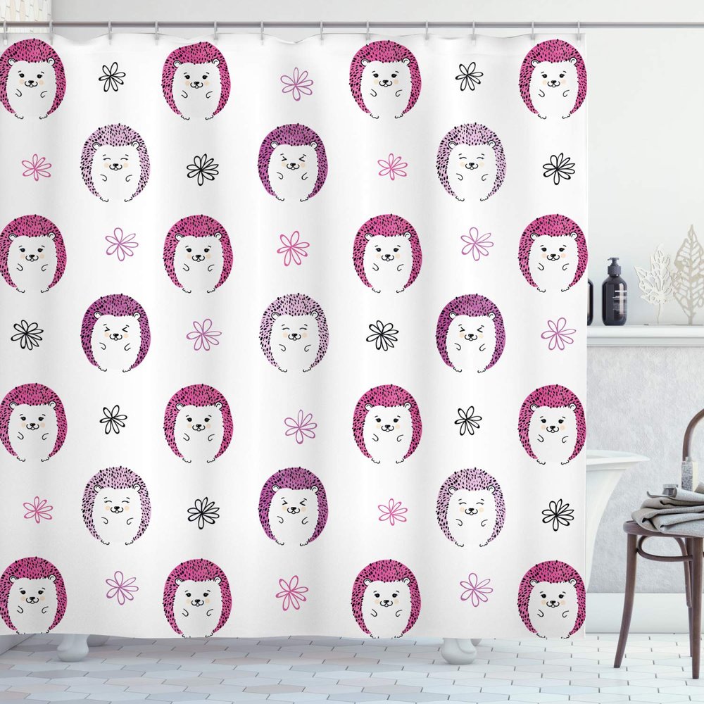 Ambesonne Hedgehog Shower Curtain, Colorful Spiky Animals with Faces Doodle Flowers Cartoon Style Image, Cloth Fabric Bathroom Decor Set with Hooks, 69" W x 70" L, Pink Lilac Black