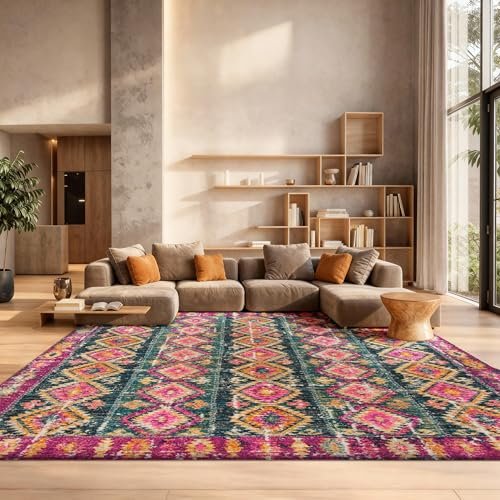 SAFAVIEH Area Rug 8x10 - Madison Collection - Large - Fuchsia & Blue, Boho Chic Distressed Design, Non-Shedding & Easy Cleaning, Ideal for Living Room, Bedroom, Office, Dining Space (MAD129F)