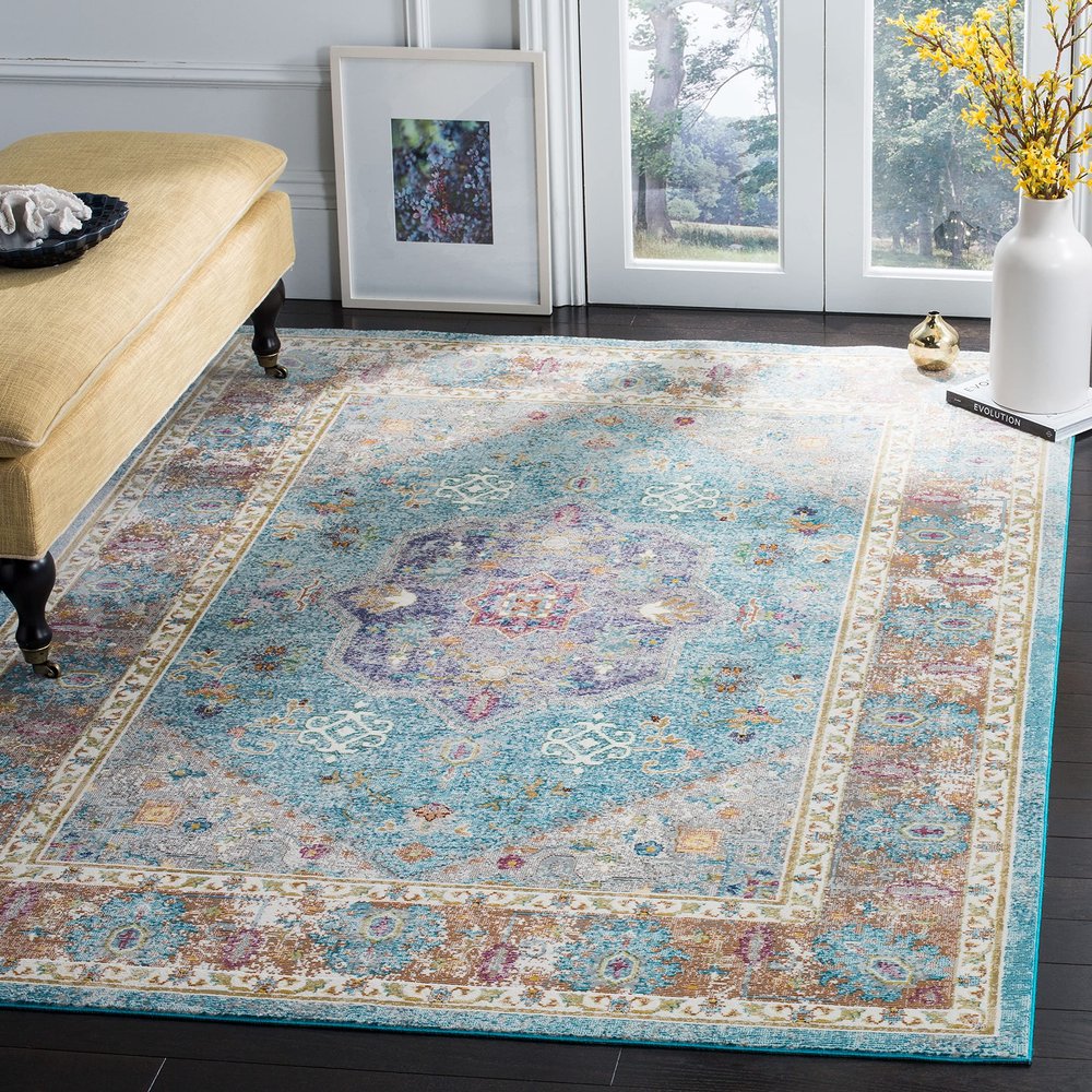 SAFAVIEH Area Rug 8x10 - Aria Collection - Large - Blue & Creme, Boho Medallion Distressed Design, Non-Shedding & Easy Cleaning, Ideal for Living Room, Bedroom, Office, Dining Space (ARA100B)