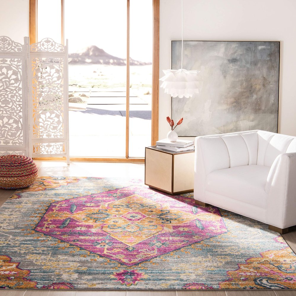 SAFAVIEH Area Rug 8x10 - Madison Collection - Large - Light Grey & Fuchsia, Boho Chic Medallion Design, Non-Shedding & Easy Cleaning, Ideal for Living Room, Bedroom, Office, Dining Space (MAD119G)
