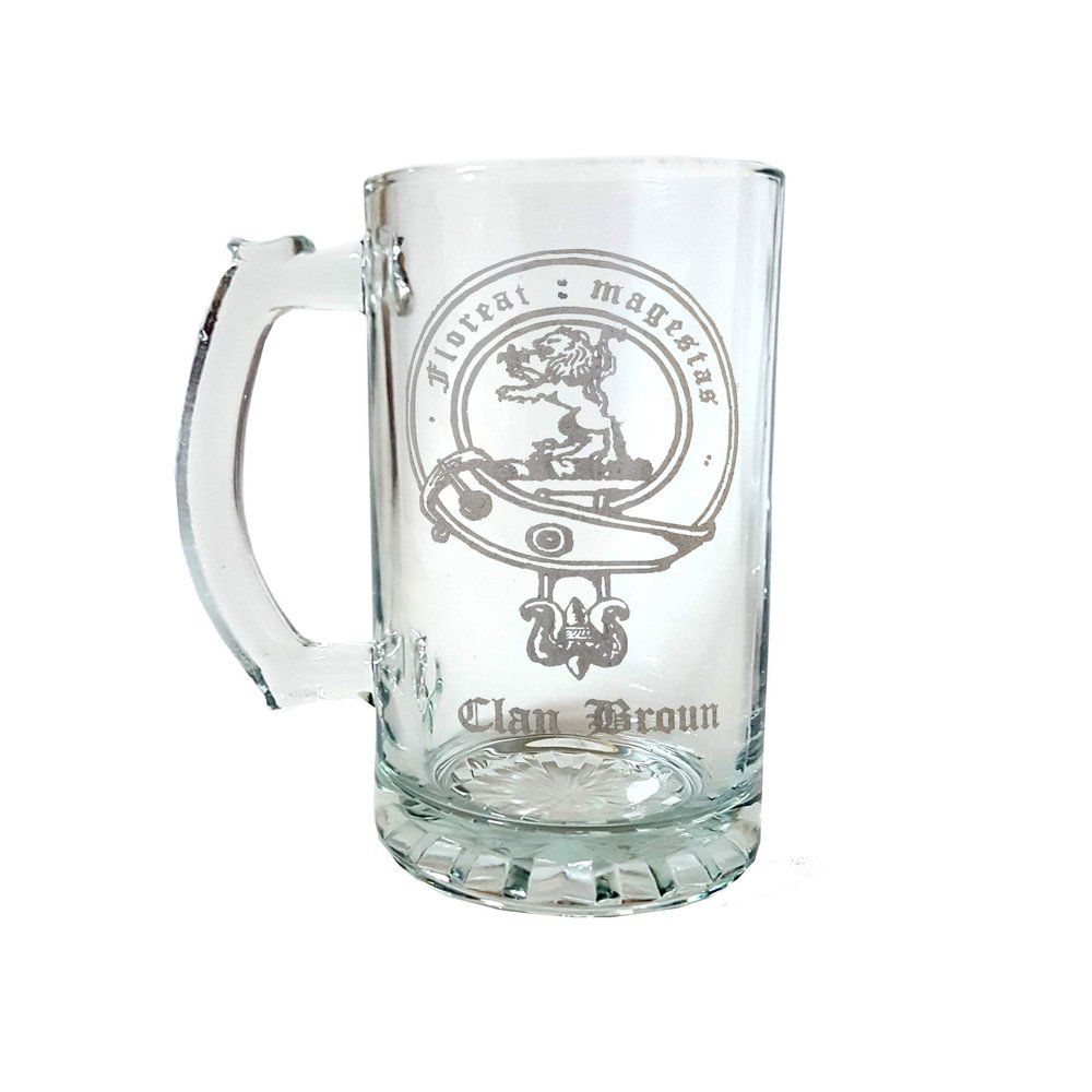 Clan Broun Scottish Crest 27oz Glass Stein  Engraved Family Heraldry Beer Mug With Personalization