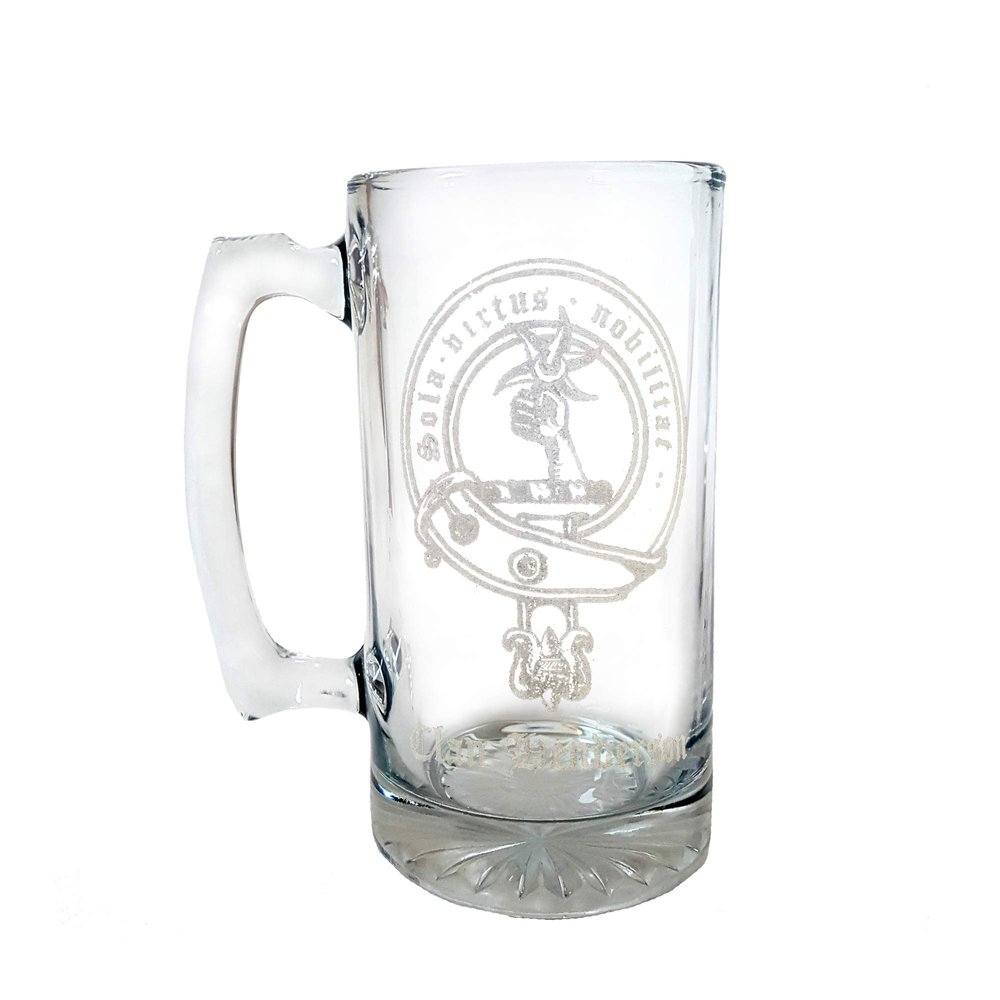 Clan Henderson Scottish Crest Glass Stein, 27oz Engraved Family Coat of Arms Beer Mug  Personalized Scottish Clan Gift