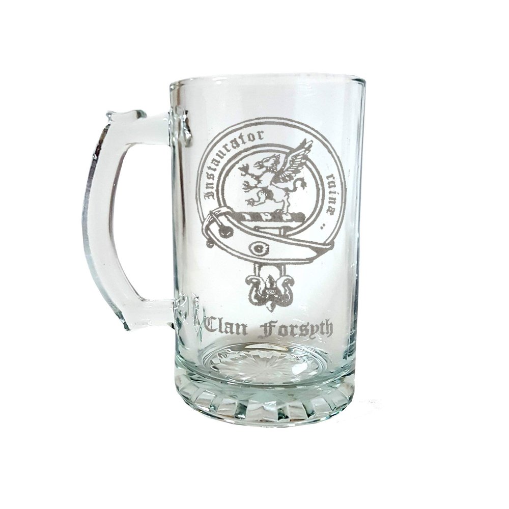 Forsyth Scottish Clan Crest Glass Stein 27 oz  Personalized Heraldic Engraving