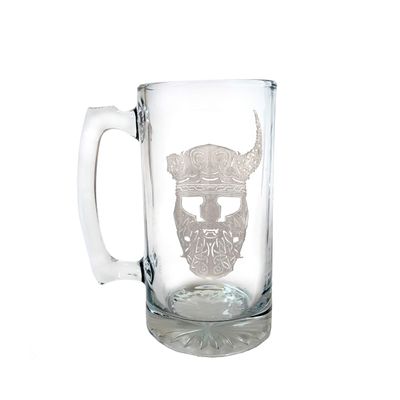 Viking Helmet 27oz Clear Glass Beer Stein, Engraved Norse Warrior Celtic Knot Design, Personalization Included