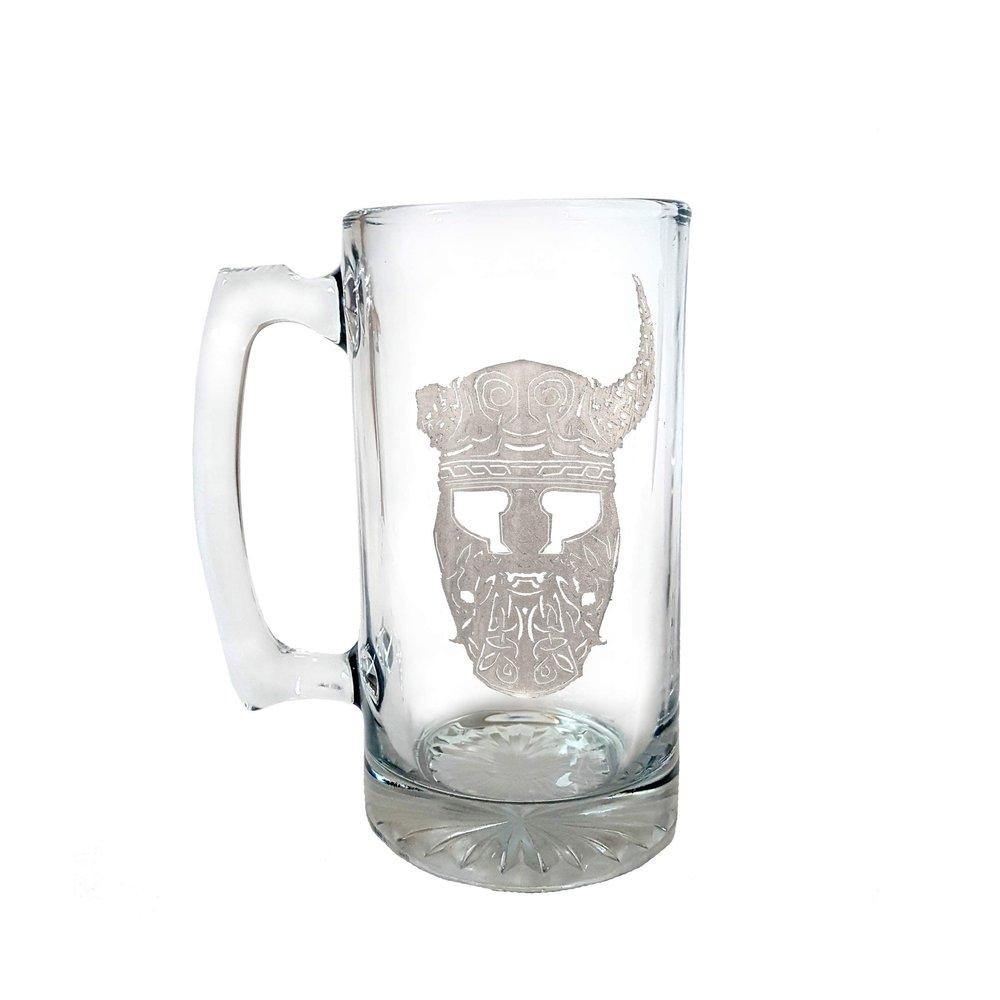 Viking Helmet 27oz Clear Glass Beer Stein, Engraved Norse Warrior Celtic Knot Design, Personalization Included