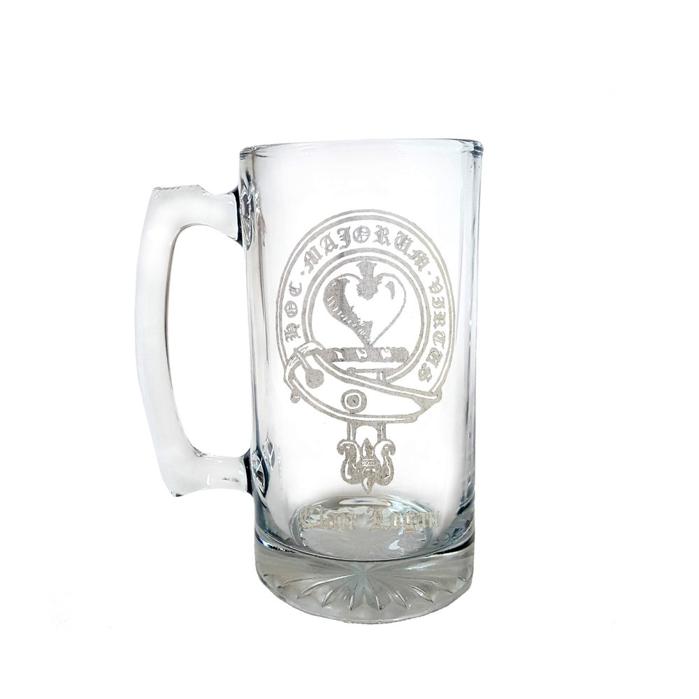 Logan Scottish Clan Crest Glass Stein 27 oz  Personalized Heraldic Engraving