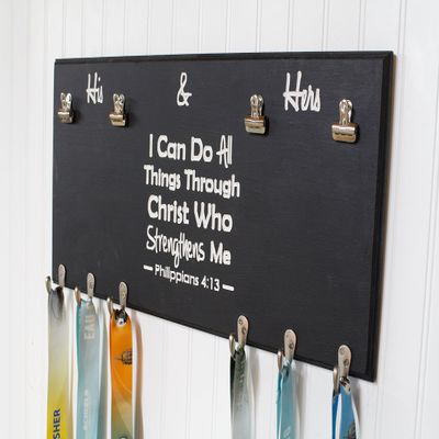His and Hers Running Medal Holder - Carved Sign - Philipians 4:13
