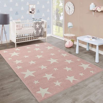 Paco Home Modern Short-Pile Kids Rug Star Design Children's Room Pastel Pink White, Size:6'7" x 9'2"