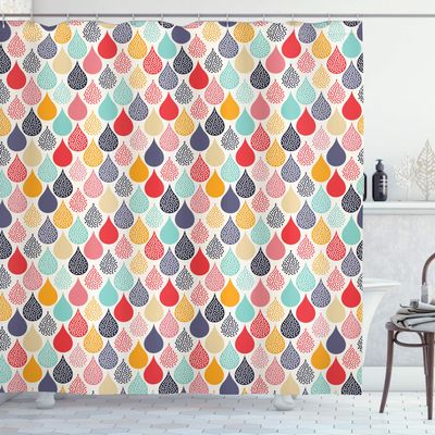 Ambesonne Geometric Shower Curtain, Raindrops Doodle Style Creative Leaf Shaped Colorful Girls Theme, Cloth Fabric Bathroom Decor Set with Hooks, 69" W x 75" L, Teal Coral