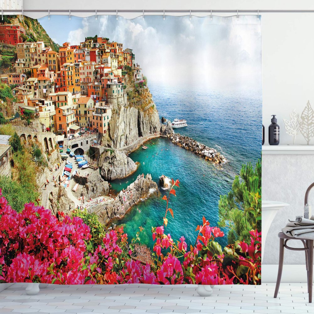 Ambesonne Italy Shower Curtain, Monarola Antique Village in Cinque Terre Coastal Panorama Summer Beach Scenic View, Cloth Fabric Bathroom Decor Set with Hooks, 69" W x 75" L, Pink Blue