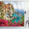 Ambesonne Italy Shower Curtain, Monarola Antique Village in Cinque Terre Coastal Panorama Summer Beach Scenic View, Cloth Fabric Bathroom Decor Set with Hooks, 69" W x 75" L, Pink Blue view 1