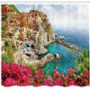 Ambesonne Italy Shower Curtain, Monarola Antique Village in Cinque Terre Coastal Panorama Summer Beach Scenic View, Cloth Fabric Bathroom Decor Set with Hooks, 69" W x 75" L, Pink Blue view 2