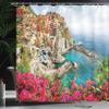 Ambesonne Italy Shower Curtain, Monarola Antique Village in Cinque Terre Coastal Panorama Summer Beach Scenic View, Cloth Fabric Bathroom Decor Set with Hooks, 69" W x 75" L, Pink Blue view 3