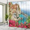 Ambesonne Italy Shower Curtain, Monarola Antique Village in Cinque Terre Coastal Panorama Summer Beach Scenic View, Cloth Fabric Bathroom Decor Set with Hooks, 69" W x 75" L, Pink Blue view 4