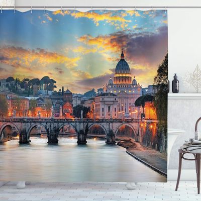 Ambesonne Italy Shower Curtain, Vatican Rome View in The Evening Landmark Travel Italian Destination Image Print, Cloth Fabric Bathroom Decor Set with Hooks, 69" W x 70" L, Salmon Slate Blue