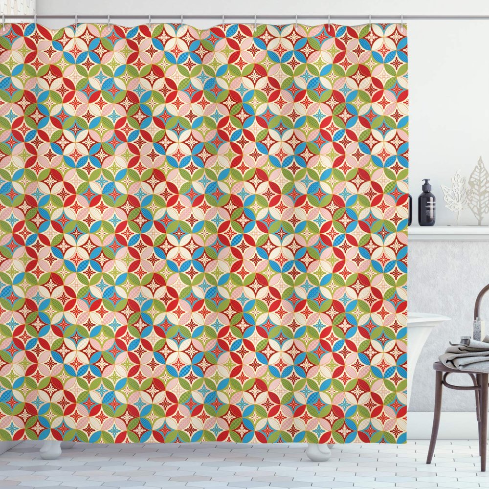 Ambesonne Geometric Shower Curtain, Japanese Interlocking Pattern with Circles and Flower Blooms Far, Cloth Fabric Bathroom Decor Set with Hooks, 69" W x 84" L, Lime Green Vermilion