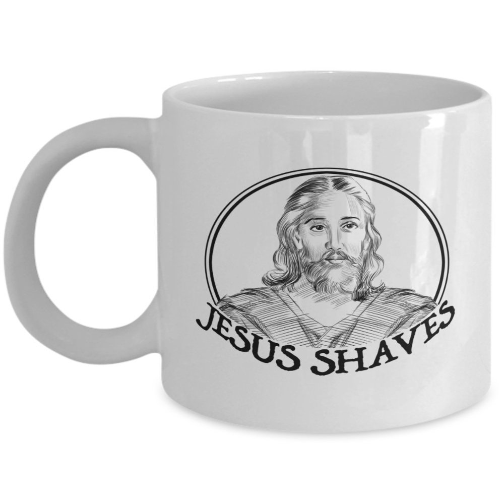 mmandiDESIGNS Jesus Shaves Mug - Funny Christ Ceramic Cup For Coffee Tea - BIG 15oz and 11oz Sizes Original Illustration Only Available