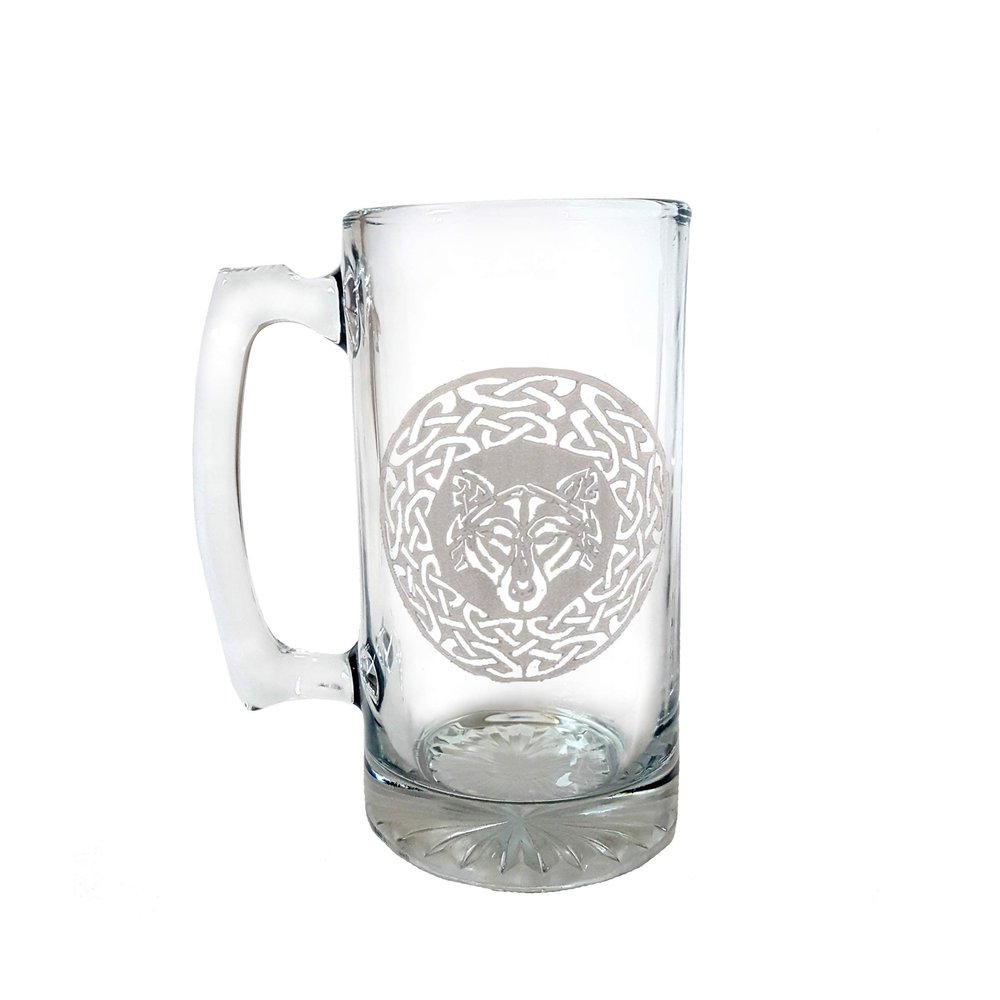 Celtic Wolf 27oz Stein, Engraved Design Large Glass Mug With Personalization Included