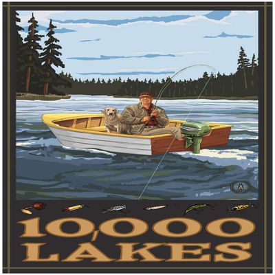 10,000 Lakes Fisherman In Boat Hills Giclee Art Print Poster from Travel Artwork by Artist Paul A. Lanquist 30" x 45"
