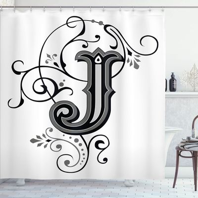 Ambesonne Letter J Shower Curtain, Shabby Form Classic Written Medieval Initials J Royal Noble Family Character, Cloth Fabric Bathroom Decor Set with Hooks, 69" W x 70" L, Black Grey