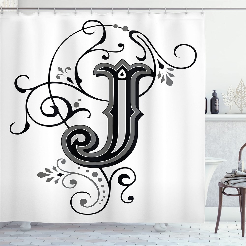 Ambesonne Letter J Shower Curtain, Shabby Form Classic Written Medieval Initials J Royal Noble Family Character, Cloth Fabric Bathroom Decor Set with Hooks, 69" W x 70" L, Black Grey