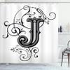 Ambesonne Letter J Shower Curtain, Shabby Form Classic Written Medieval Initials J Royal Noble Family Character, Cloth Fabric Bathroom Decor Set with Hooks, 69" W x 70" L, Black Grey view 1